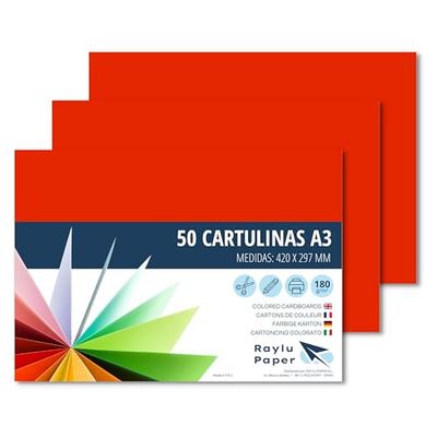 Raylu Paper® - A3 Card Pack of 50 180gsm 420x297mm Coloured A3 Card with Soft Touch Perfect for Binding, Office, Drawing and Crafts (Red)