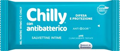 Chilly Salviettine con Antibatterico, Salviette per l'Igiene Intima, Azione di Difesa, Tessuto 100 % Biodegradabile, Ottime Fuori Casa, PH 5, Clinicamente Testato, 1 Confezione da 12 Salviettine