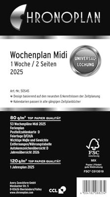 Chronoplan 50545 kalenderinlägg 2025 (veckoplanering midi (96 x 172 mm) ersättningskalendarium för mötesplanerare, perfekt för detaljerad veckoplanering, 1 vecka på 2 sidor i kolumner, med universell