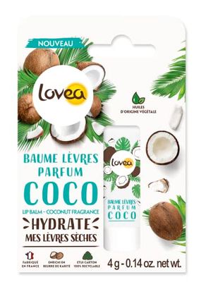 LOVEA - Balsamo per labbra - Profumo di cocco - lenisce, idrata e ammorbidisce - Per labbra secche - Arricchito al burro di karité - a base di oli vegetali - Made in France - 4 g