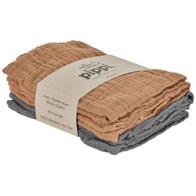 Pippi Uniseks babyset van 4 stoffen luiers, spuugdoeken, knuffeldoeken of luierdoeken, geschikt voor badkleding, Indian Tan, 65X65 Cm
