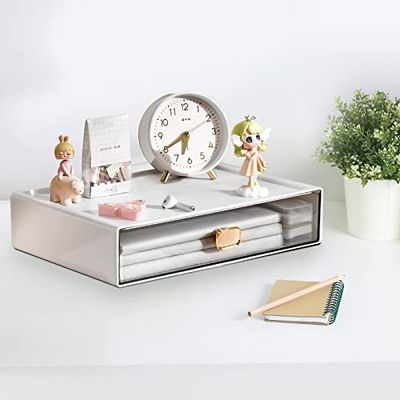 DETEIN Stackable Desk Organizer with Drawer 13" Wide Stackable Storage Drawer Desk Organizer and Accessories Plastic Clear Desktop Organizer for Office, Classroom, Make Up (White, L-1 Drawer, 1 PACK)