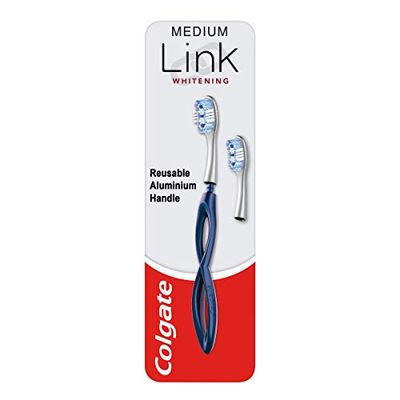 Colgate Link Handmatige Tandenborstel Whitening Starter Kit Inclusief 1 Premium Aluminium Handvat & 2 Whitening Vervangende Borstelkoppen Medium, Navy, Vlekverwijderingstechnologie, 80% Minder Plastic