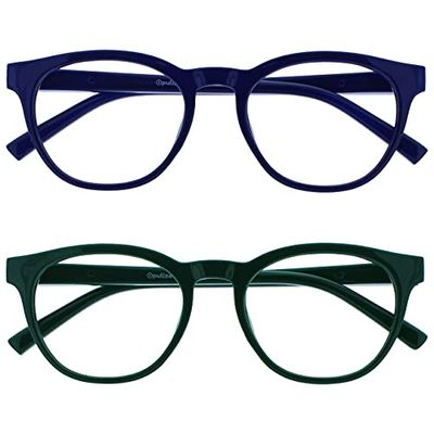 OPULIZE Blu - Occhiali da Lettura Filtro Luce Blu Set da 2 Montatura Tonda Fashion Cerniere a Molla Migliorano il Sonno Gaming Computer Anti Riflesso Blu Verde Uomo Donna BB5-36 +3.00