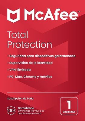 McAfee Total Protection 2024, 1 dispositivo | Antivirus, VPN, seguridad móvil y de Internet | PC/Mac/iOS/Android|Suscripción de 1 año | Correo Postal