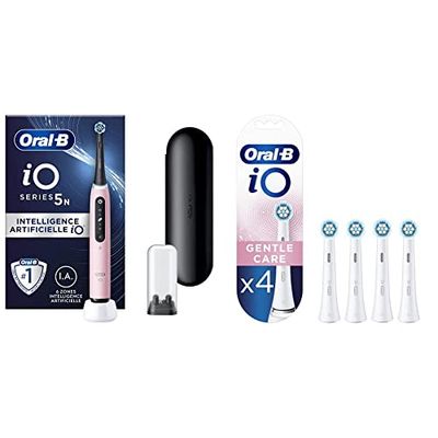 Oral-B iO 5N Brosse À Dents Électrique Rose connectée Bluetooth, 1 Brossette, 1 Étui De Voyage' & iO Gentle Care, Embout, Pack de 4 Brossettes de Rechange pour Brosse à Dents Électrique, Blanc