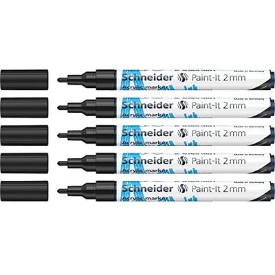 Schneider 120101 Paint-It akrylpennor (med 2 mm rund spets, högtäckande akrylfärger för trä, duk, sten och mycket mer.) 5-pack, svart