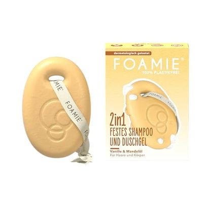 Foamie Shampoo e gel doccia 2 in 1 alla vaniglia, per capelli e corpo, con olio di mandorle e profumo di vaniglia, pH neutro, vegano e senza plastica, 80 g