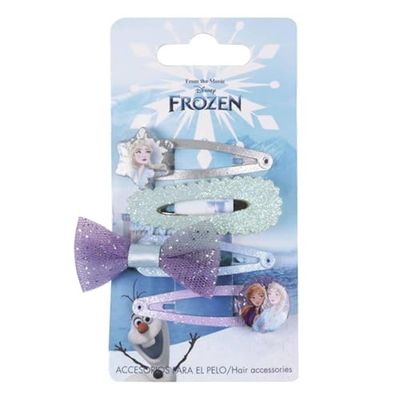 Disney Frozen Glittered Hair Snap Clips for Girls, 2 Inch Metal Shiny Non-Slip Clips with Bow on Top and with Two Decorative Charms, 4 Hair Clips