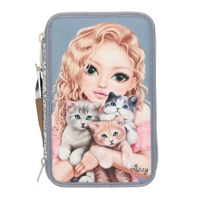 Depesche 13271 TOPModel Cat Love - gevulde 3-vaks etui in lichtblauw, met modelmotief en kattenmotief, etui met kleurpotloden, liniaal, schaar en nog veel meer.
