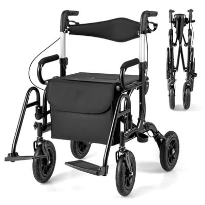 FANTASK 2-in-1 rolstoel & reisrollator, rollator van aluminium met opvouwbaar design, zwarte reisrollator met hoogteverstelsysteem, rolstoel met tas en stokhouder