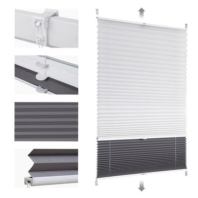 Sekey Plissee DoppelPlissee Day+Night dunkung ohne Bohren verspannt Lichtschutz Klemmfix Lichtdurchlässig Ausbrenner-Muster 90x200cm Druck & Grau