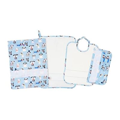 FILET - Ensemble de Quatre Pièces Brodables Jardin d'Enfants, Composé d'un Bavoir avec Élastique, 1 Serviette, 1 Sac à Langer et 1 Sac Porte-Serviette/Bavette, Made in Italy, Motif Chien Fond Bleu