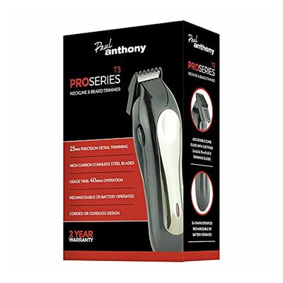 Paul Anthony Pro Series T3 Beard and Neckline Trimmer - 25mm Precision Detail Trimming - High Carbon Stainless Steel Blades - 2-10mm Adjustable Comb Guide - Fixed Trimming Guides 3-5mm - H5123 - Black