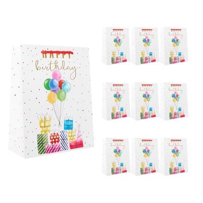 Idena 90249 - Geschenkzakjes Happy Birthday cadeautjes, 10 stuks, geschenkzakjes in de maat 18 x 23 x 8 cm, witte papieren zakjes met kleurrijke cadeautjes en ballonnen