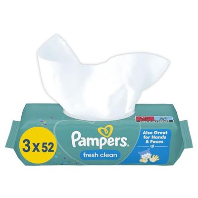 Pampers Fresh Clean 81688041 Baby-Feuchttücher, 3 x 52 Stück, (Wet Baby Wipe, Plastikbeutel, Girl/Boy, Türkis, Weiß, Deutschland, 896,7 g)