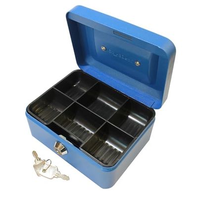 Cathedral Products Key Lockable Cash Box with Lift Out 6 Compartment Coin Tray - 6 Inch - Blue