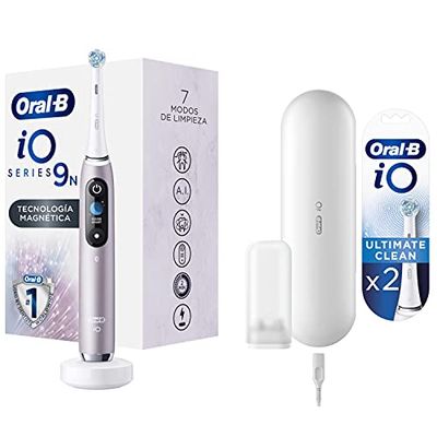 Oral-B iO 9n Cepillo De Dientes Eléctrico, 1 Mango Rosa Recargable Con Tecnología Magnética De Braun, 1 Cabezal, 1 Estuche Viaje Premium + Pack De 2 Cabezales de Recambio Originales iO Ultimate Clean