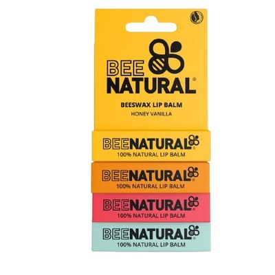 Bee Natural 100% Natural Moisturising Lip Balms - (Honey Vanilla, Mango, Strawberry, Peppermint), Pack of 4, Multicolour-Flavours May Vary