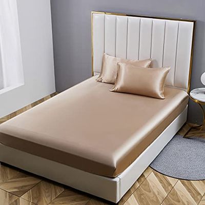 Damier Satijnen hoeslaken, 140 x 200 cm, beige met zijdeglans, luxe effen hoeslaken, geschikt voor matrassen tot 30 cm hoog