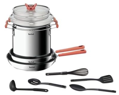 Tefal Batterie de cuisine 13 pièces Poêles + Faitouts + Casserole pâtes + Couvercles + 5 ustensiles, Induction, Acier inoxydable 18/10 haute qualité, Garantie 10 ans, Opti'Space G721SD74