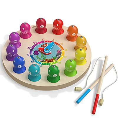 Max & Lea- ClockBoard Aprender a Leer Aprendizaje de la Hora – Juegos Madera Pesca magnético Educativo – Juguete para Mejorar la motricidad – Niños de 1 a 6 años, Color, 24 cm x 24 cm (MAX and Lea