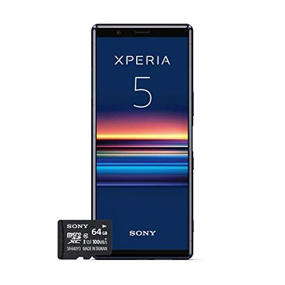 Sony Xperia 5, Pantalla OLED 21: 9 FHD + HDR de 6.1 ", 6GB RAM, 128GB de Almacenamiento, Azul + Tarjeta de Memoria Libre de 64 GB