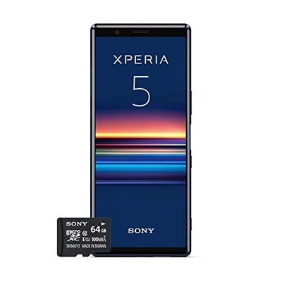 Sony Xperia 5, 6,1 tum FHD+ HDR OLED 21:9 display, 6 GB RAM, 128 GB minne, blå + gratis 64 GB minneskort [Exklusiv för Amazon DE]