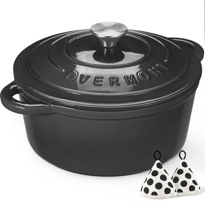 Overmont Enameled Cast Iron Dutch Oven – 5,5 QT Pot with Lid Cookbook & Cotton Potholders – Heavy-Duty Cookware for Braising, Stews, Roasting, Bread Baking Graphite Gray