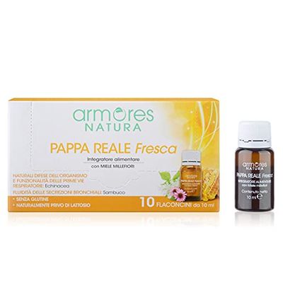 Armores Natura Integratori Alimentari, Pappa Reale Fresca, con Echinacea per le Difese Immunitarie e le Vie Respiratorie e Sambuco per la Fluidità delle Secrezioni Bronchiali, con Miele, 10 Flaconcini