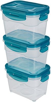Amazon Basics Recipientes herméticos selados com tampa de plástico sem BPE, empilháveis e adequados para frigorífico/congelador, para micro-ondas e máquina de lavar louça. Conjunto de 3 peças de 1