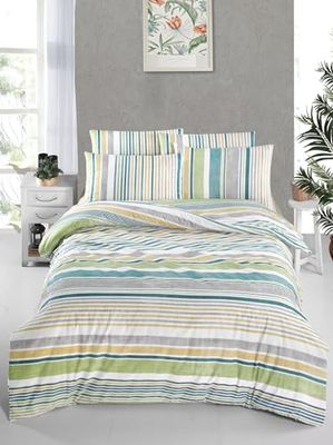 Nuit Des Rêves Ranforce - Set di copertine singole, 135 x 200 cm, 100% cotone, lavabile in lavatrice, 145 thread Count, Envelope & Button Closure, bianco/verde/grigio/giallo