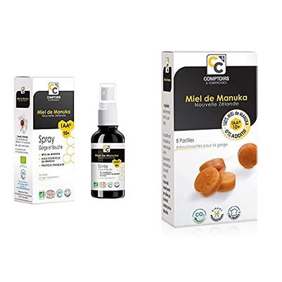 COMPTOIRS ET COMPAGNIES | SPRAY GORGE ET BOUCHE CERTIFIE BIO | MIEL DE MANUKA ACTIF IAA10+ (MGO263+)| PROPOLIS BIO France & | Pastilles 100% pur miel de Manuka IAA10+ | Idéales pour la Gorge