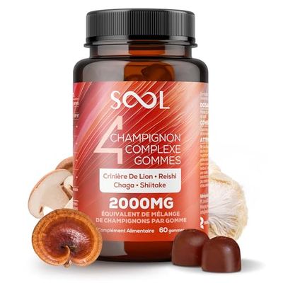 SOOL Gomitas de Complejo de 4 Hongos, 2000mg, 60 unidades: Chaga, Reishi, Shiitake y Melena de Leon (Lions Mane) | Nootropicos | Suplemento para la Memoria