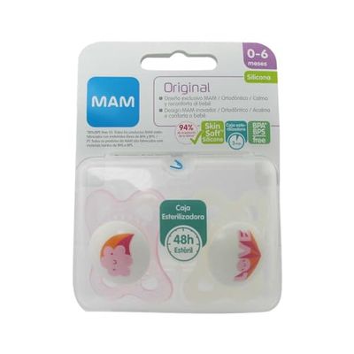 MAM MAM Original Fopspeen, 2-6 maanden, met symmetrische speen, plat en flexibel, van zachte siliconen, gemakkelijk aan te nemen, met zelfsteriliserende box, lichtroze, dag van 2
