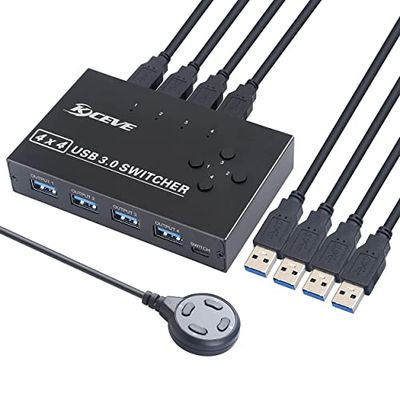 KCEVE USB 3.0 Switch Selector - 4 Computer Sharing 4 Devices KVM Switcher Box for Printer, Scanner, Mouse, Keyboard - Compatible With Mac/Windows/Linux - 4 Pack Cables Included