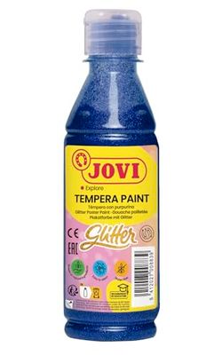 Jovi - Tempera Glitter, fles van 250 ml, blauwe kleur, glitterverf, op basis van natuurlijke ingrediënten, gemakkelijk te wassen, glutenvrij, ideaal voor gebruik op school (51721)