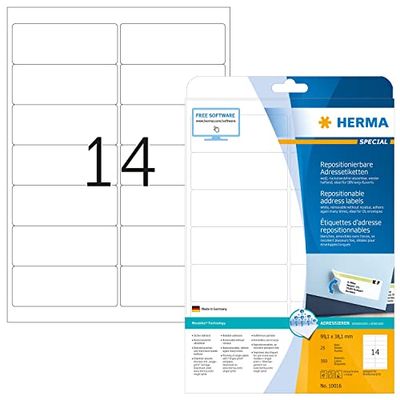 HERMA 10016 adreslabels A4 afneembaar, set van 32 (99,1 x 38,1 mm, 800 velles, papier, mat) zelfklevend, bedrukbaar, verwijderbaar en opnieuw klevende etiketten, 11.200 etiketten voor printer, wit