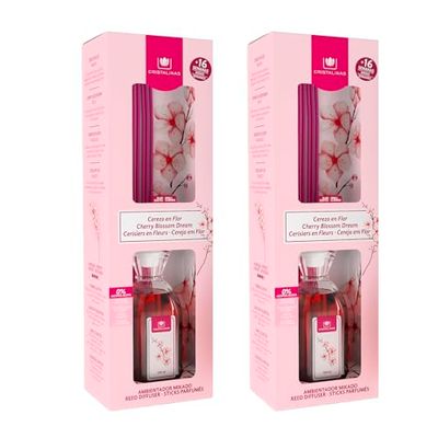CRISTALINAS. Ambientador Mikado Clásico. Difusor con Varillas de ratán. Formula sin Alcohol. Máxima duración, más de 16 semanas. 180ml de Capacidad. Aroma Cerezo en Flor (2x180ml)