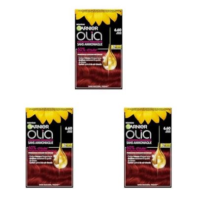 Garnier Coloration Permanente - Sans Ammoniaque - Aux Huiles Naturelles de Fleurs - Rouge Intense (6.60) - Olia Vivids (Lot de 3)