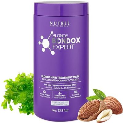 Nutree Professional BLONDE BONDOX HAIR TREATMENT - 1kg Maschera per capelli viola per bionde | Senza formaldeide | Maschera termica idratante per la riparazione dei capelli al olio di mandorle (1kg)