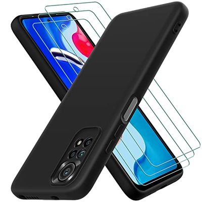 Oureidoo Beschermhoes voor Xiaomi Redmi Note 11 4G / 11S 4G, met 3 displaybeschermfolies van gehard glas, zachte binnenlaag, dun, zacht, siliconen, schokbestendig, TPU, telefoonhoes, zwart