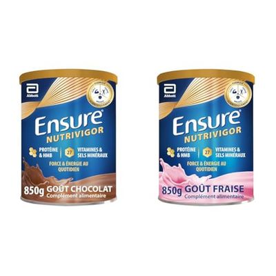Ensure NutriVigor Chocolat & Fraise 850g - Complément alimentaire avec protéines, 27 vitamines et minéraux et HMB - Pour une alimentation saine et équilibrée - 1x Chocolat 850g + 1x Fraise 850g