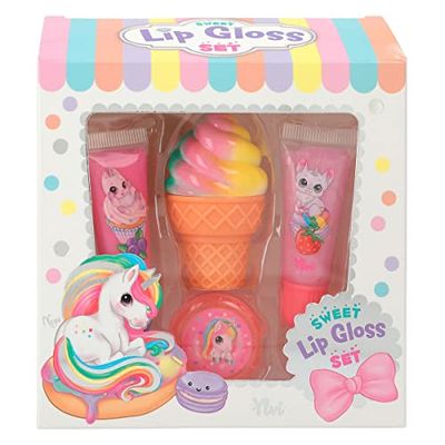 Depesche 12208 Ylvi Set for Children in Candy Shop Design with 2 Tubes, Lip Gloss Tin and Ice Cream Cone Shape, Multicoloured