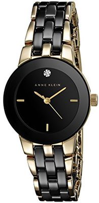 Anne Klein Relógio de pulso de cerâmica com mostrador de diamantes genuínos para mulher, Preto, pulseira