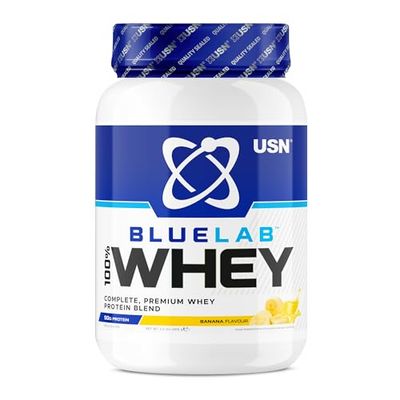 USN Blue Lab Whey - Boisson Protéinée en Poudre, Protéines de Lactosérum & BCAA, Prise de Masse & Récupération, Shaker Post-Entraînement, Saveur Banane, 908 g, NBLW05