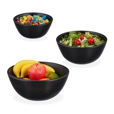 Relaxdays houten saladeschaal, set van 3, mangohout, Ø 18, 23 en 28 cm, serveerschalen voor salade, snacks, fruit, zwart