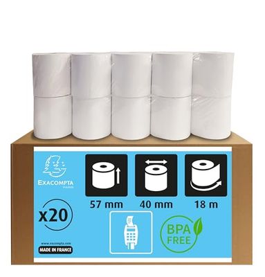 Exacompta - Ref 40751E - Credit Card Machine Receipt Roll (Pack of 20 Rolls) - 57mm Width x 18m Length, Suitable for Shops, Kiosks, Cafés, Restaurants, Card Payments