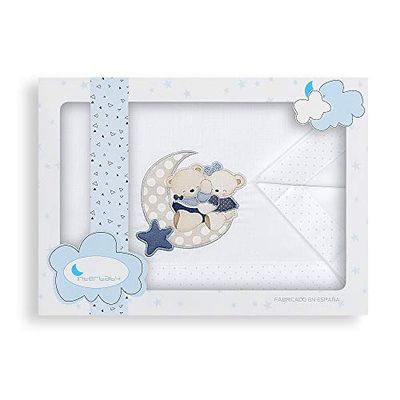 Interbaby Parure Lit 60 x 120 cm Drap 152 x 102 cm + Drap Dessous 120 x 60 x 12 cm + Coussin 60 x 30 cm Coton Modèle Amoroso B/Bleu