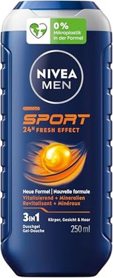 NIVEA MEN Gel doccia sport, gel doccia neutra a pH per uomini con profumo rivitalizzante, formula rinfrescante con minerali per corpo, viso e capelli (250 ml)